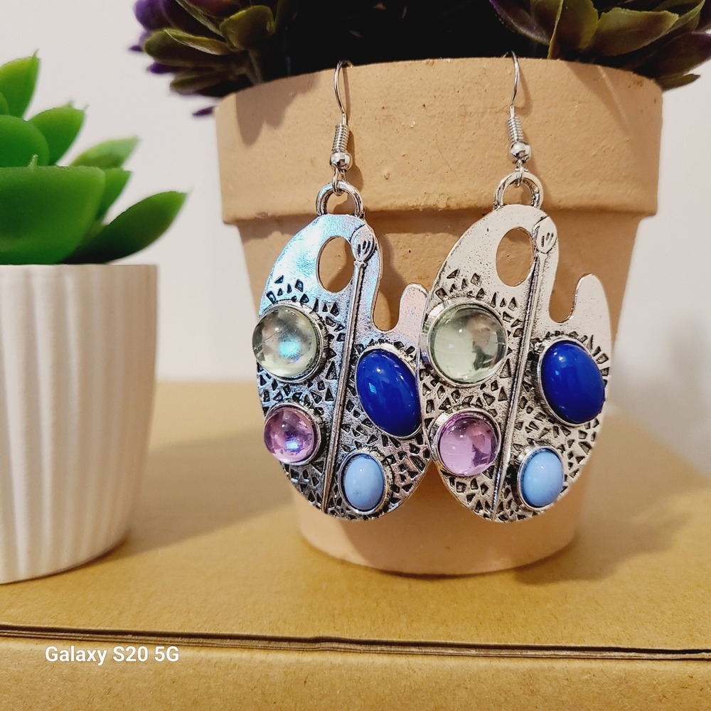 Handmade Art Palette Earrings Multi Color Gemstones Silver Tone Dangle 2.5"